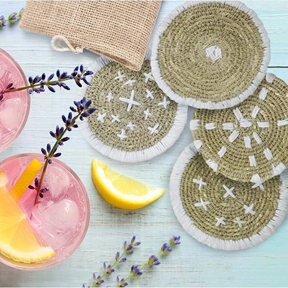Bloomingville Round Hand-Embroidered Bohemian Seagrass, White Woven Coasters - Picture 2 of 7